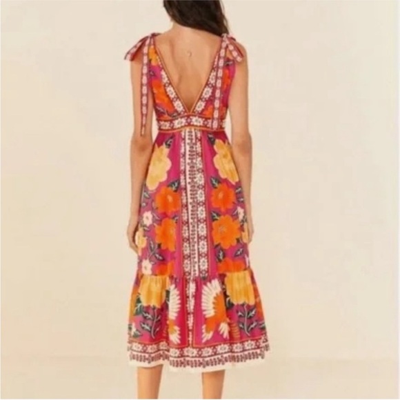 Farm Rio floral button down midi dress with bows on shoulders - Picture 2 of 8